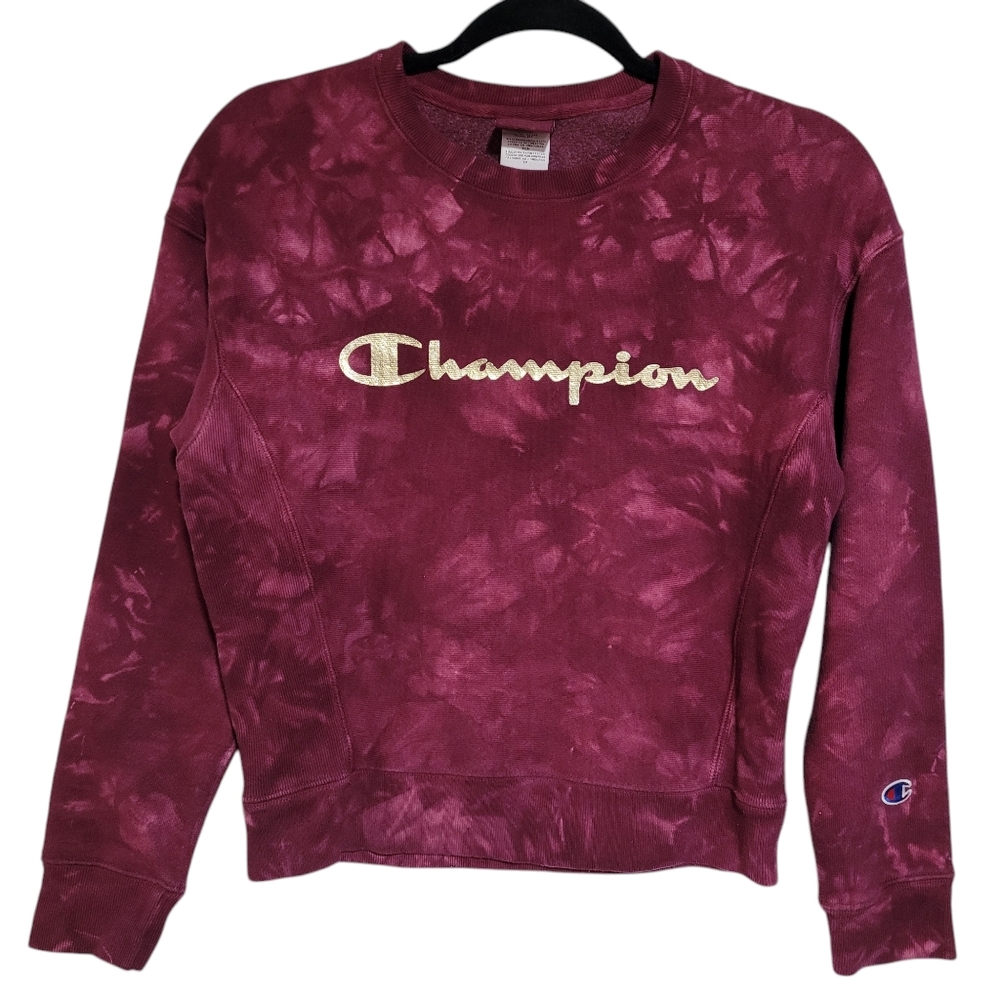 Champion Reverse Weave Maroon Tie Dye Spellout Logo Crewneck Sweatshirt Women XS